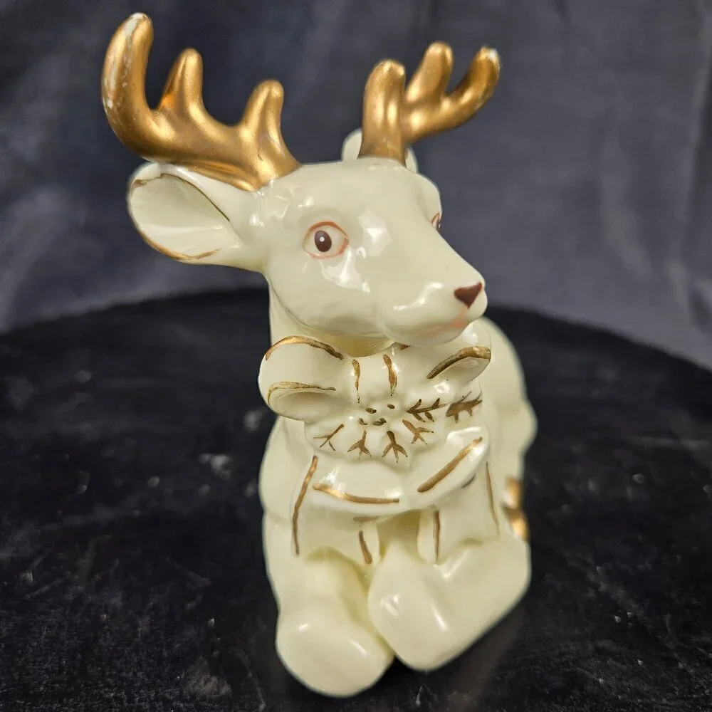 Vintage Ceramic Reindeer Figurine with Bow and Bells Cream Gold Accent Christmas